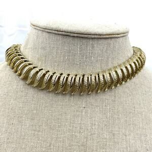 VTG Kramer Gold Tone Bib Necklace Signed MCM Textured Statement 15"